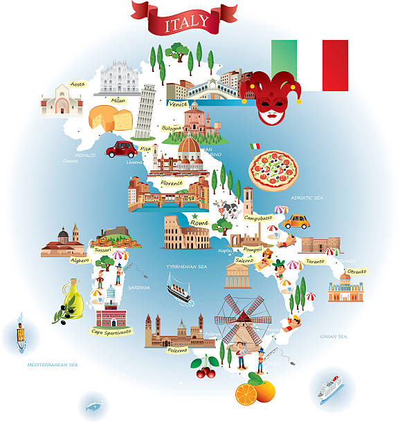 illustrazioni stock, clip art, cartoni animati e icone di tendenza di fumetto mappa di italia - bologna roma