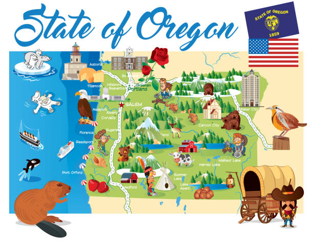 Cartoon map of OREGON Cartoon map of OREGON

I have used 
http://legacy.lib.utexas.edu/maps/europe/italy_physio-2005.jpg
address as the reference to draw the basic map outlines with Illustrator CS5 software, other themes were created by 
myself. oregon state capitol stock illustrations