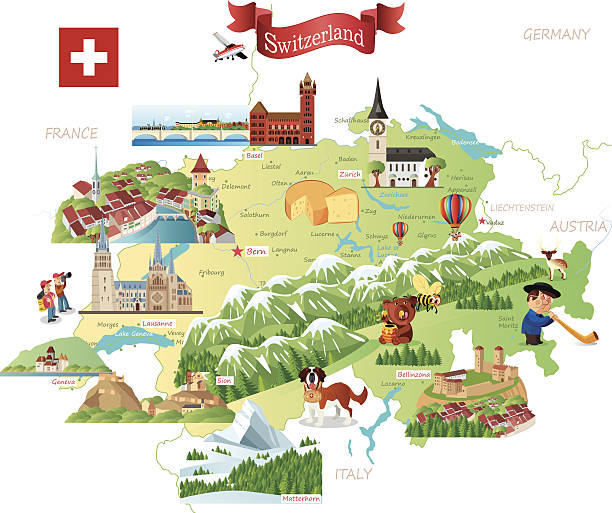 말풍선이 있는 맵 of switzerland - 스위스 stock illustrations