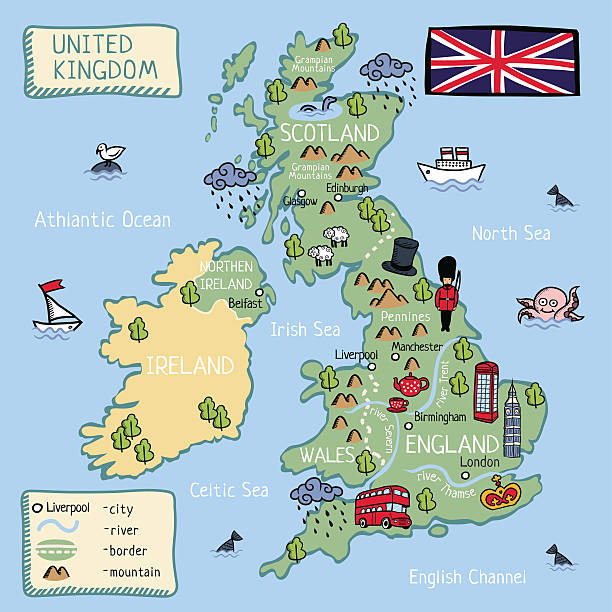 Cartoon map of United Kingdom. all objects isolated. Cartoon map of United Kingdom (England, Scotland, Wells, Northen Irland) . all objects isolated. loch ness monster stock illustrations