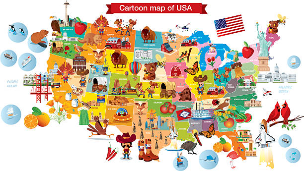 Cartoon map of USA  michigan iowa stock illustrations
