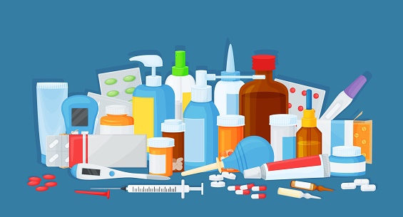 Cartoon medical products, pharmacy drugs, pills and tablets. Medicine bottles, blisters and capsules, various medications vector illustration