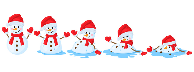 Cartoon melted snowman. Snowmen melting stages, winter funny melts snowman cartoon vector illustration set. Christmas melting snowman. Vanish snowbreak, unhappy snow man
