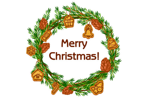 stockillustraties, clipart, cartoons en iconen met cartoon merry christmas krans, sparren met de machtigen te beschermen en cookie - hangplant wood