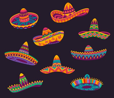 Cartoon Mexican sombrero hats with ethnic pattern