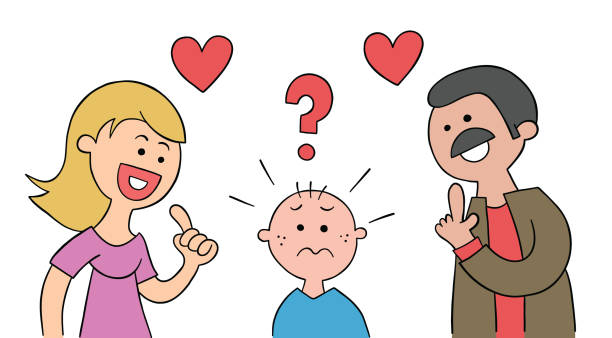Cartoon mom and dad ask their kid which he likes more and kid is very confused, vector illustration Cartoon mom and dad ask their kid which he likes more and kid is very confused, vector illustration. Colored and black outlines. divorce clipart stock illustrations