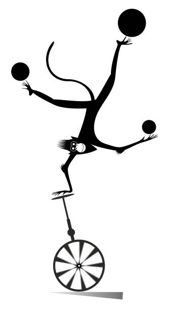 Cartoon monkey on the unicycle juggles the balls illustration vector art illustration
