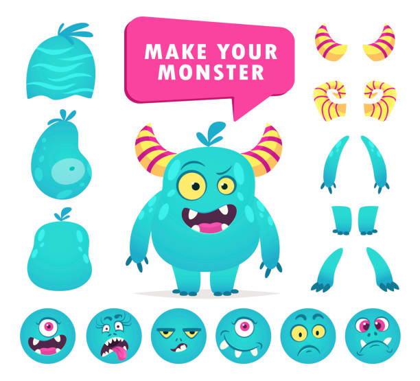 Cartoon monster creation kit, cute face set Cartoon monster creation kit, cute face set. Funny create constructor. Vector flat style cartoon illustration isolated on white background monster fictional character stock illustrations