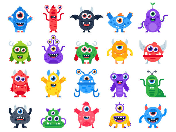 Cartoon monster. Cute happy monsters, halloween mascots and funny mutant toys. Scary creatures vector flat icon set Cartoon monster. Cute happy monsters, halloween mascots and funny mutant devil and cyclops beast toys logo creature with horn and wing. Scary cheerful creatures character vector flat isolated icon set monster fictional character stock illustrations