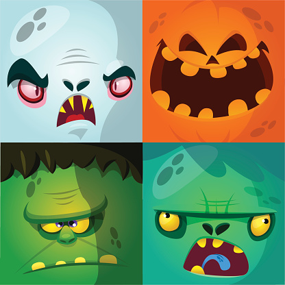 Cartoon monster faces vector set. Cute square avatars and icons.