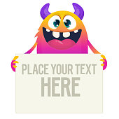 Cartoon monster holding blank sign with sample message on it. Vector illustration