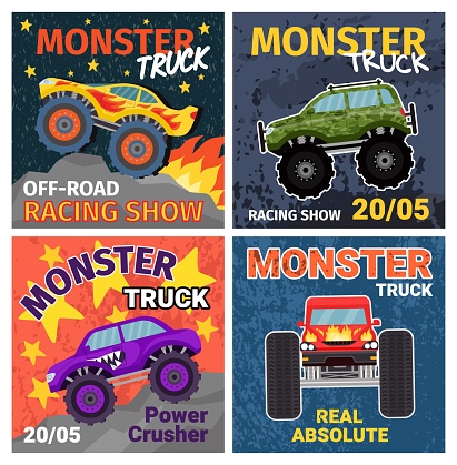 Cartoon monster trucks t shirt print designs and posters. Grunge cool extreme offroad race cars. Racing show heavy truck banners vector set