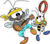 istock Cartoon mosquito and bee playing guitar and tambourine, making music together vector illustration 1223431545