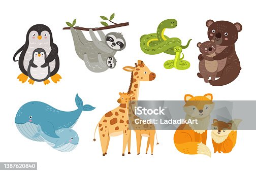 istock Cartoon mother animals. Animal baby hugging mom, cute sloth, bear, snake and fox. Adorable wild babies, forest child. Childish neoteric vector characters 1387620840