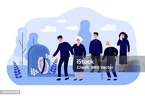 istock Cartoon mourning people at graveyard flat vector illustration 1310464583