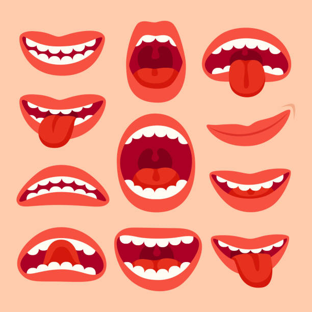 만화 입 요소 컬렉션입니다. 혀, 치아, 표현 감정, 입 및 표음 벡터 세트 미소 미소 - 입 stock illustrations