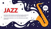 istock Cartoon musical fest announcement, party show promotion advertisement with vintage trumpet instrument and notes melody poster. Jazz music art festival event flyer vector illustration. 1323039155