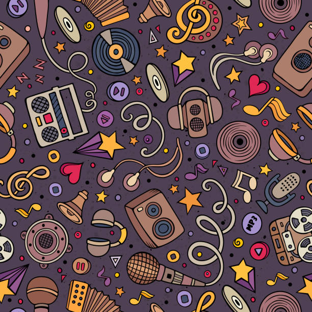 Cartoon musical seamless pattern Cartoon hand-drawn musical instruments seamless pattern. Lots of music symbols, objects and elements. Perfect funny multicolored tile vector background. guitar patterns stock illustrations