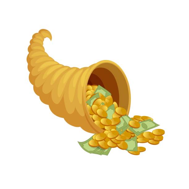 Cartoon mythical cornucopia overflowing with cash money and coins vector graphic illustration Cartoon mythical cornucopia overflowing with cash money and coins vector graphic illustration. Luxury ancient successful gold horn abundance filled currency isolated on white background abundance stock illustrations