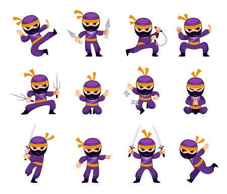 Cartoon ninja. Man in different action and combat poses karate. Japanese warrior character in mask. Assassin with weapon, nunchucks and shurikens. Vector fighter battle positions set