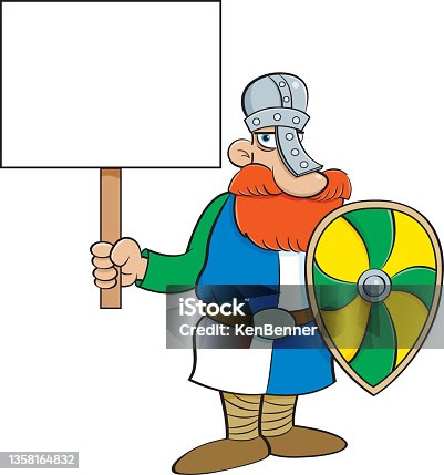 istock Cartoon Norman knight holding a shield and a large sign. 1358164832