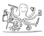 Hand-drawn vector drawing of a Cartoon Octopus Multitasking Concept. Black-and-White sketch on a transparent background (.eps-file). Included files are EPS (v10) and Hi-Res JPG.