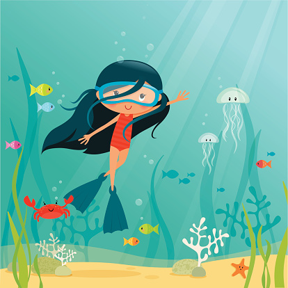 Cartoon of a young girl underwater