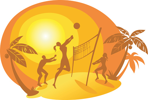A cartoon of beach volleyball silhouettes