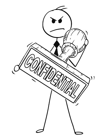 Cartoon of Businessman Holding Big Hand Rubber Confidential Stamp