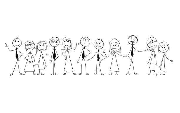 Cartoon of Crowd of Business People Isolated. Cartoon stick man drawing illustration of crowd of eleven business people, men and women, businessmen and businesswomen standing and posing. stick figure stock illustrations