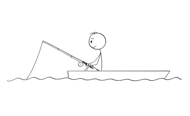 ilustrações de stock, clip art, desenhos animados e ícones de cartoon of fisherman fishing on dory or boat - chalana