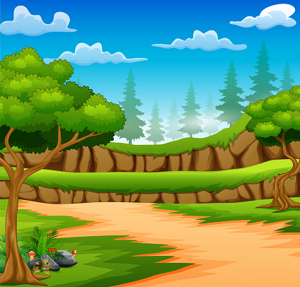 Cartoon Of Forest Background With Dirt Road Stock Illustration
