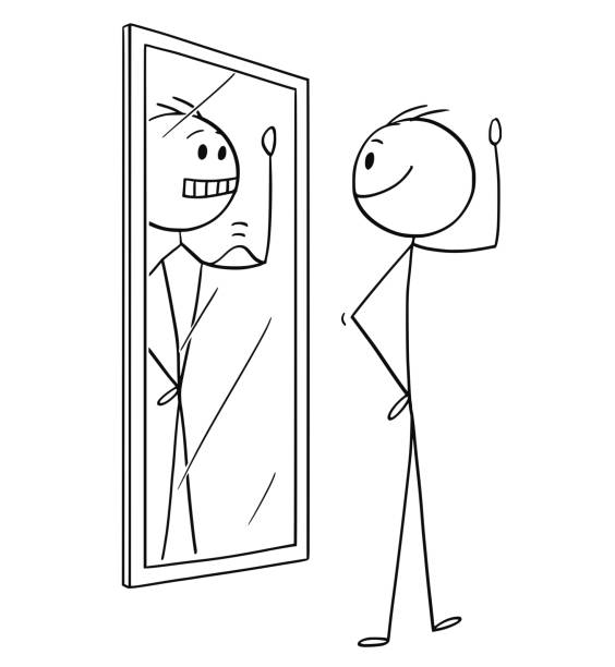 karikatur des menschen selbst im spiegel betrachten und sehen sie sich in einem besseren zustand und muskulös - ein mann allein stock-grafiken, -clipart, -cartoons und -symbole