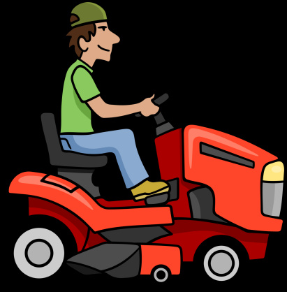 Cartoon of man on riding lawnmower