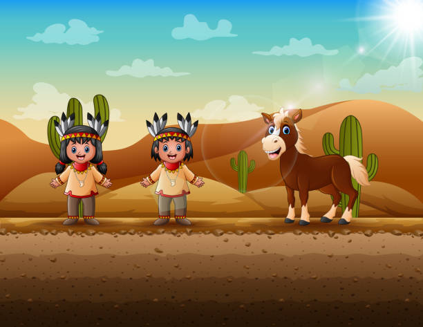 Cartoon of native american girl and boy at desert Cartoon of native american girl and boy at desert hot mexican girls stock illustrations