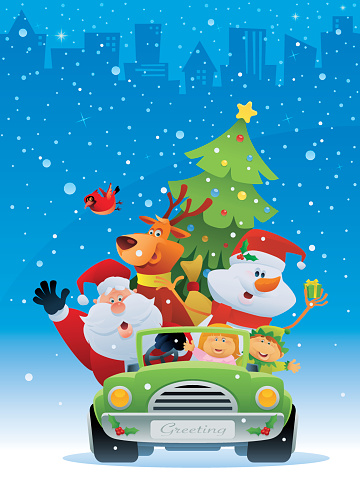 A cartoon of Santa with a reindeer and snowman in a car