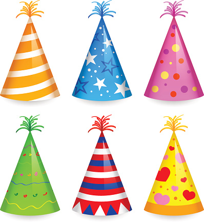 Cartoon of six differently colored party hats