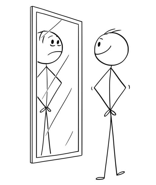 illustrations, cliparts, dessins animés et icônes de caricature de l’homme gai sourire lui-même en regardant dans le miroir, mais triste de voir déprimé vous-même - homme miroir