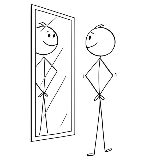 illustrations, cliparts, dessins animés et icônes de dessin animé de sourire gai homme lui-même en regardant dans le miroir - homme miroir