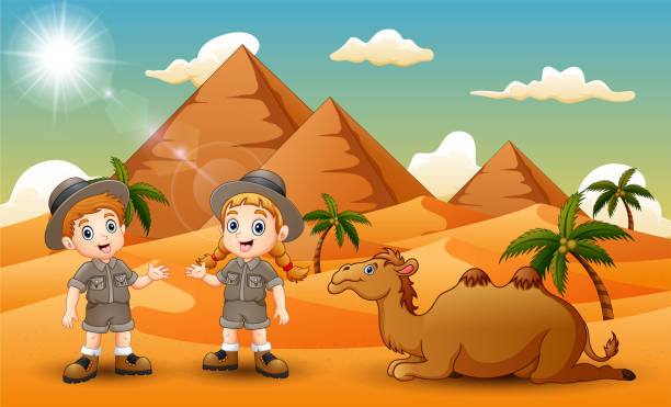 Cartoon of two kids herding a camel in the desert Cartoon of two kids herding a camel in the desert hot arabic girl stock illustrations