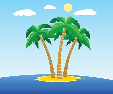 Cartoon of water around desert island with three palm trees