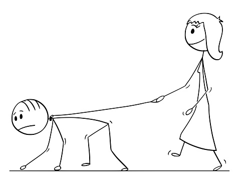 ✓ Imagen de Dibujos animados de mujer caminando con el hombre con correa  Fotografía de Stock