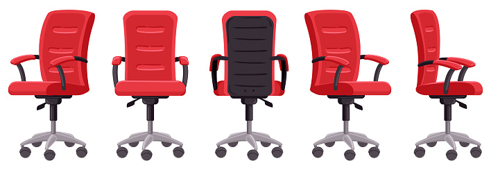 Cartoon office chair. Computer chair in different angles, ergonomic office furniture element isolated vector illustration. Modern interior chair
