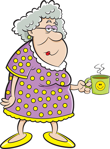 Cartoon old lady holding a mug.