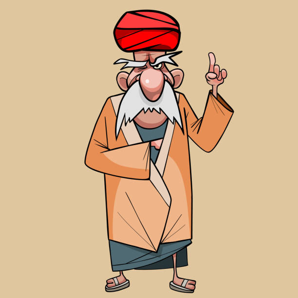 bildbanksillustrationer, clip art samt tecknat material och ikoner med tecknad gammal man i en turban hotar strikt ett finger - endast en pensionärsman