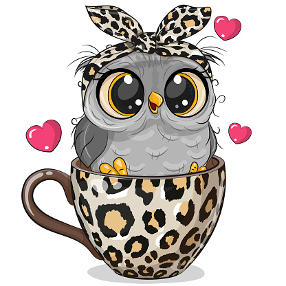 Cartoon owl with a bow is sitting in a Cup
