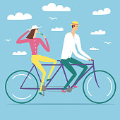 Happy cartoon pair in love riding tandem bicycle. Love and romantic illustration for your design.