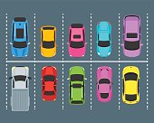Cartoon Urban Parking Zones with Color Cars Top View Design. Vector illustration