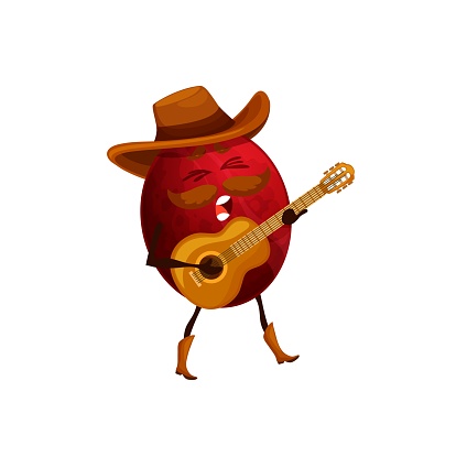 Cartoon passion fruit cowboy with guitar, mascot