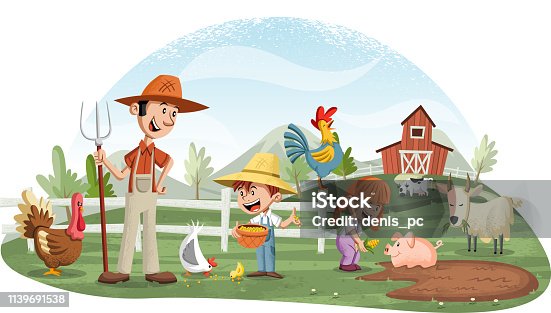 istock Cartoon people and animals on the farm. 1139691538